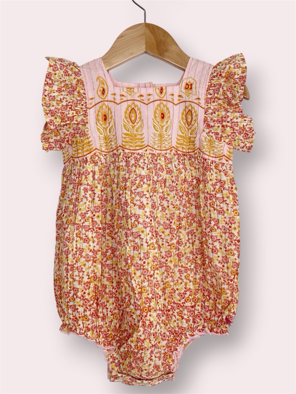 NWT Pink Chicken bubble romper pink & yellow floral flutter sleeve 18-24 months